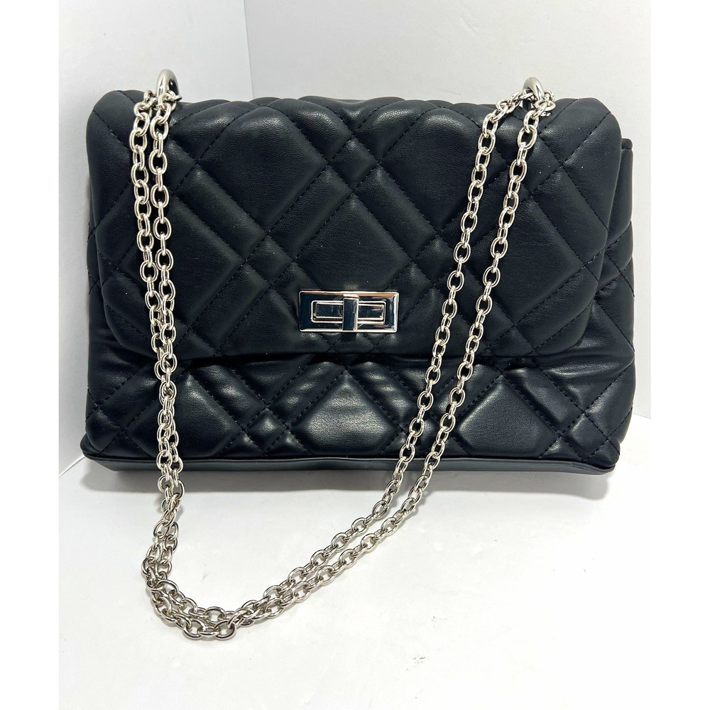Forever 21 Black Quilted Medium Shoulder Bag Silver Chain Strap Turn Lock
